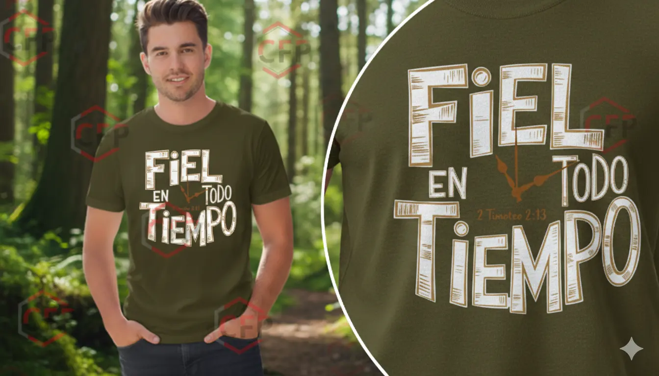 Suéter verde oliva con mensaje cristiano todo tiempo es fiel, diseño de sublimación retro, ropa inspiradora y colorida. Producto de CFP.